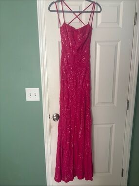 Windsor Hot Pink Sequin Spaghetti Strap Prom Dress